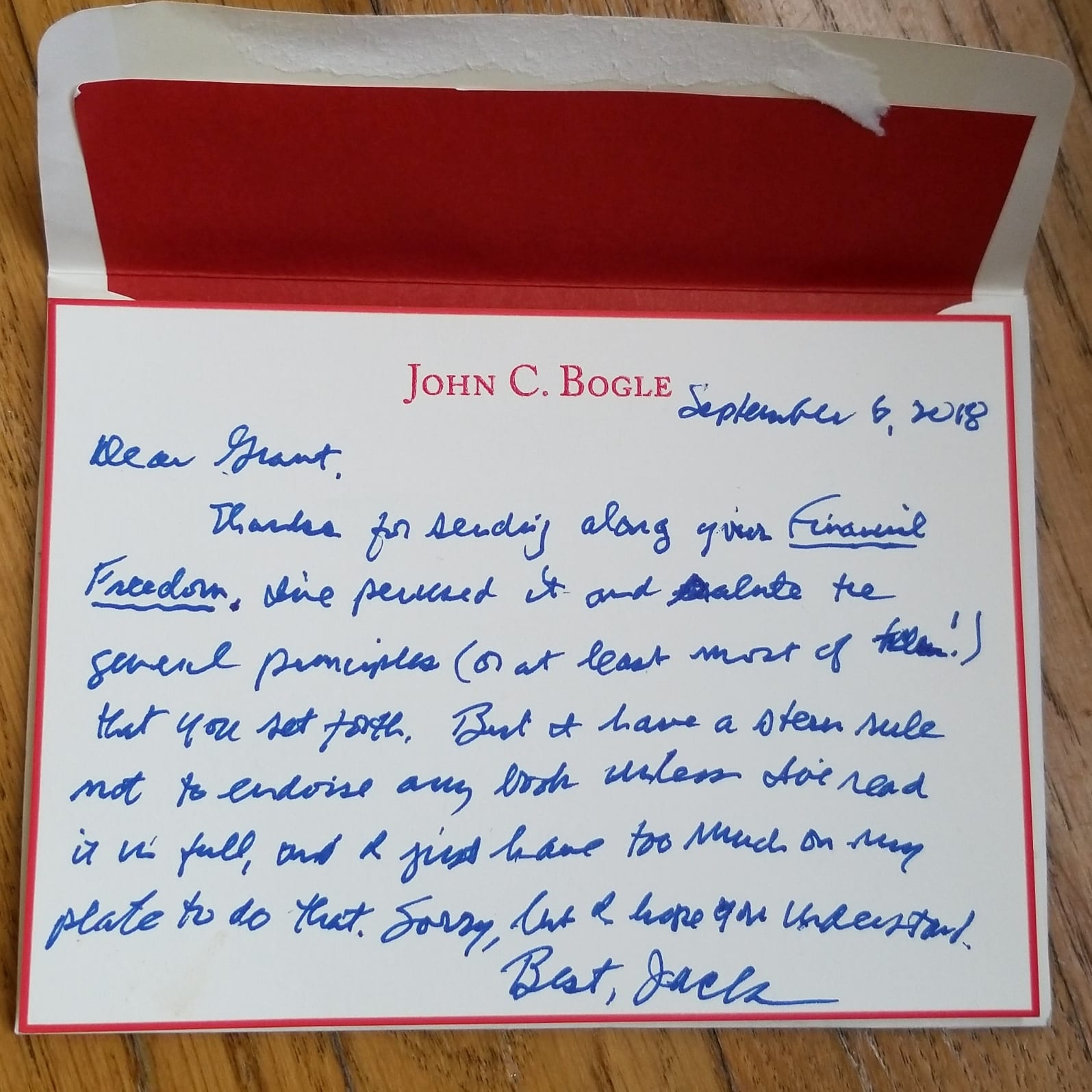 A letter from Jack Bogle to Grant Sabatier