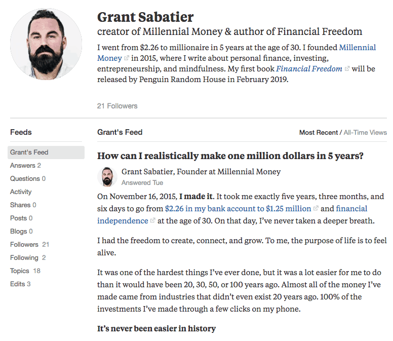 Grant Sabatier Quora Profile