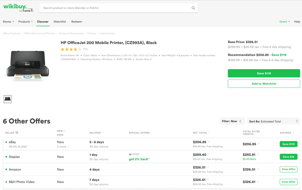 Screenshot of product search on Capital One Shopping (formerly Wikibuy) website showing price comparisons