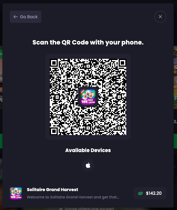 QR code on freecash to start playing a game to earn